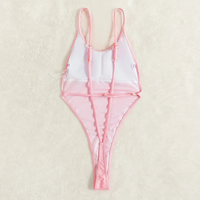 Izzy Brazillian Swimwear: Ellolace Backless Thongs Swimsuit Sexy One Piece Monokini Brazilian Bathing Suit High Leg Bikinis Beachwear Light Pink Body