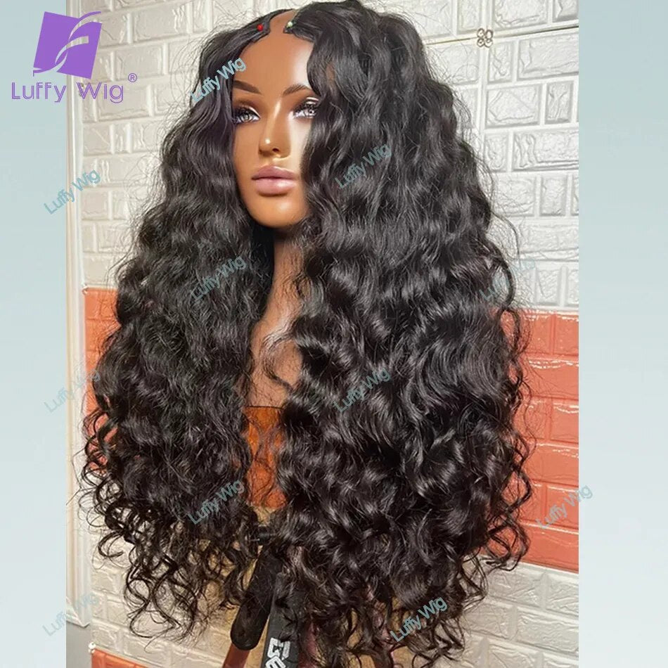 Long Wavy V Part Wig Human Hair Brazilian Remy Hair VPart Wigs No Leave Out Glueless 180Density U Shape For Black Women Luffywig