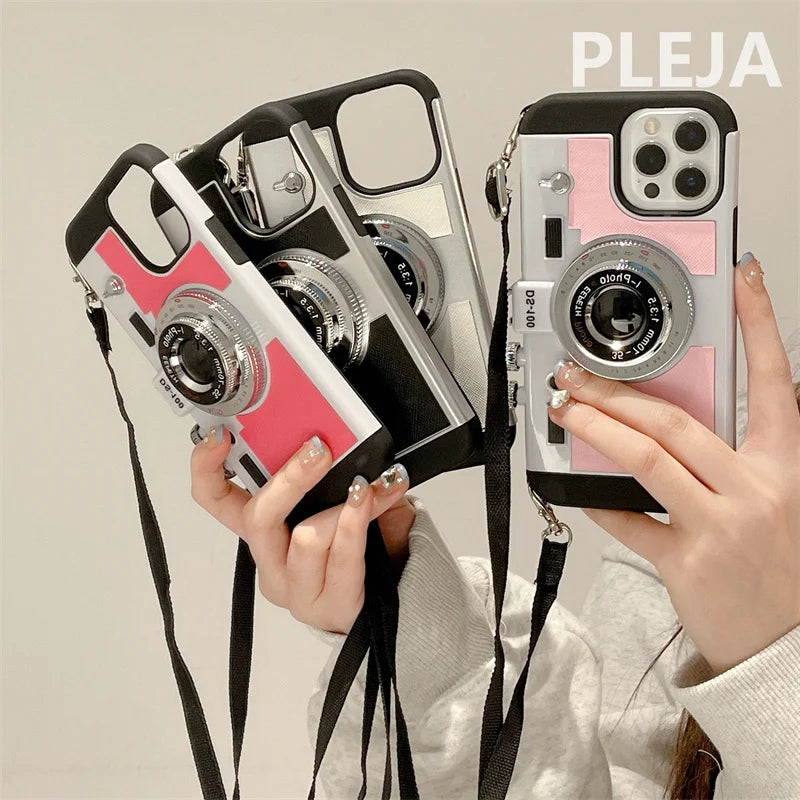 Fashion Crossbody Strap 3D Camera Phone Case For iPhone 15 Pro 14 Plus 11 13 12 Pro Max X Max XRCover Cute Soft Protective Cases