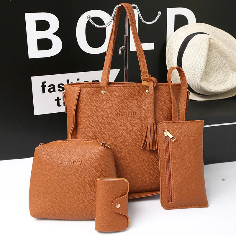 Handbag Set: 4Pcs/Set Women Top-Handle Bags Female Composite Bags Women Messenger Bags Handbag Set PU Leather Wallets Key Bag Set