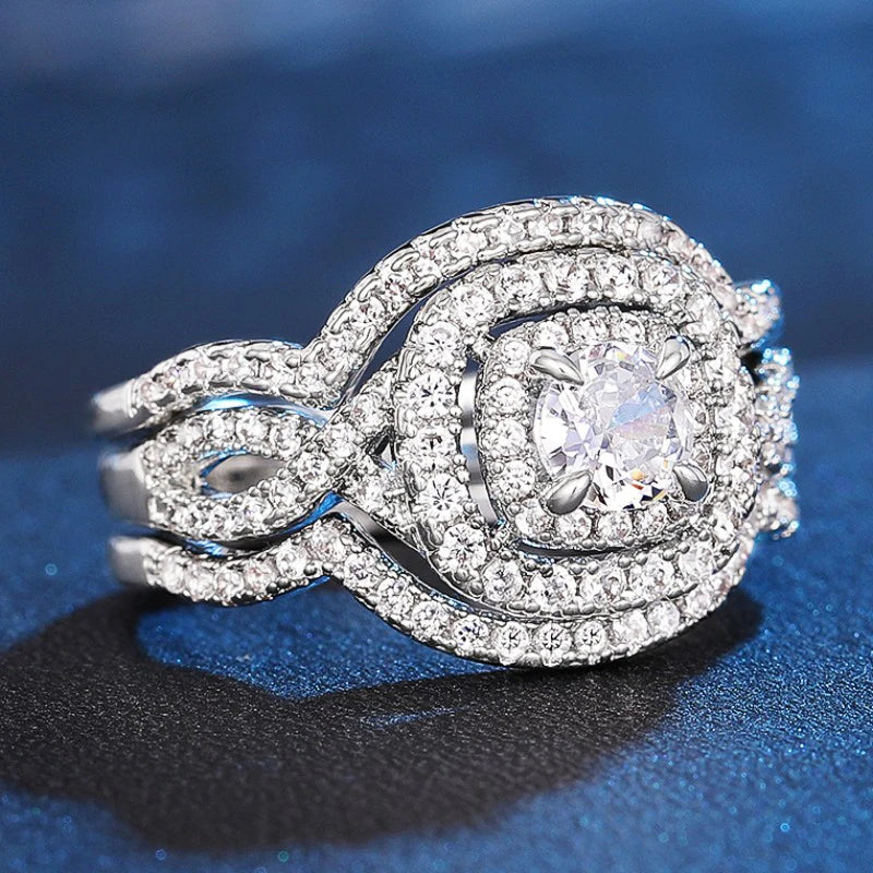 Huitan Luxury Trendy Crystal Wedding Rings for Women 3Pcs Set Silver Color Engagement Marriage Accessories Bridal Rings Jewelry