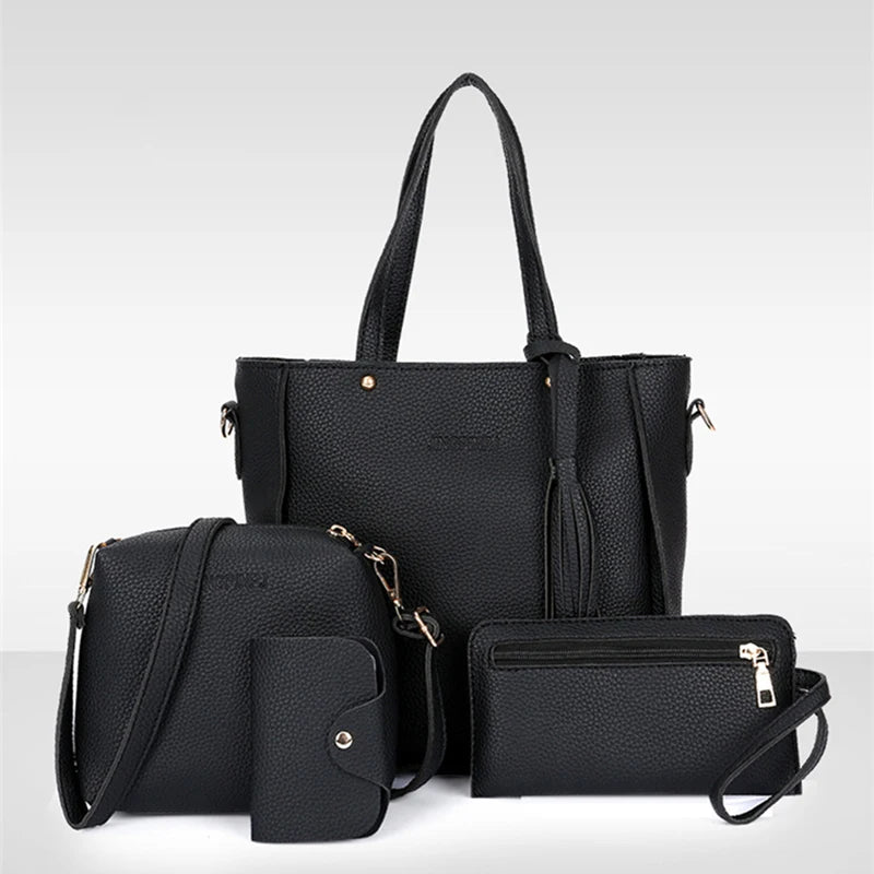 Handbag Set: Women 4PC Top-Handle Bags Female Composite Bags Women Messenger Bags Handbag Set PU Leather Wallets Key Bags Set Bolsa