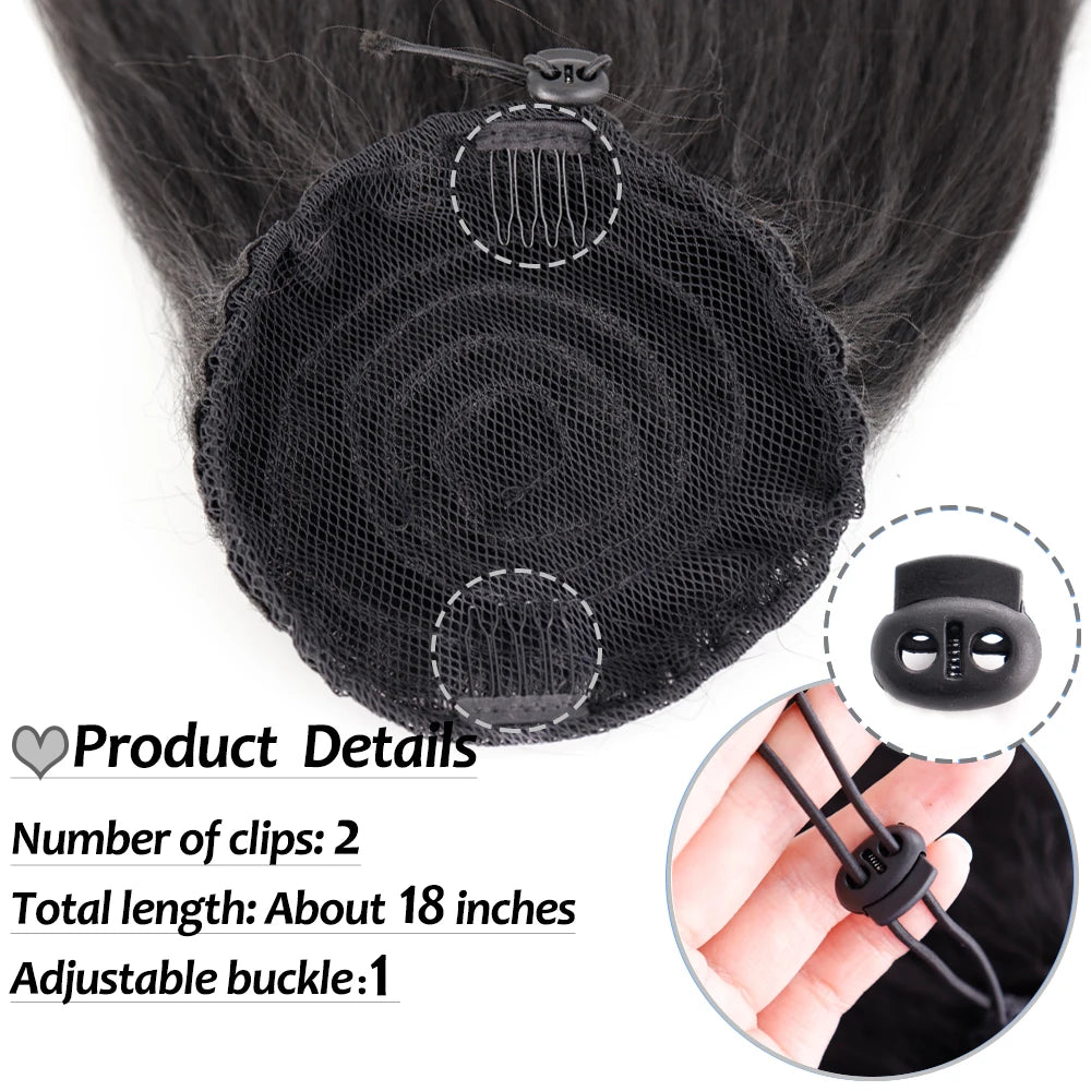 NICESY Synthetic Tail Warping 18" Hairpiece With 2 Plastic Comb Drawstring Ponytail Hair Extension Natural Black