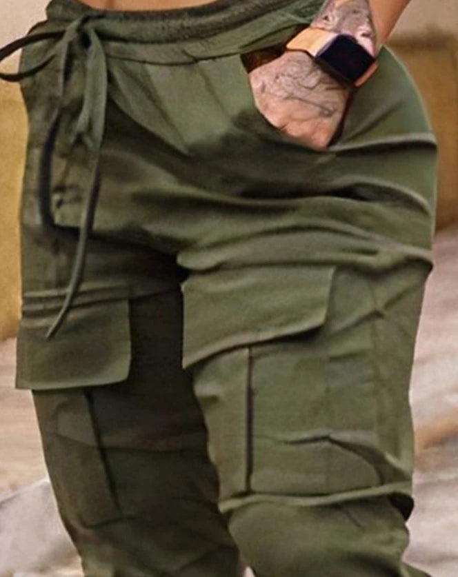 Julie Cargo Pants: Women's Pants 2023 Summer Fashion Pocket Design Drawstring Casual High Waist Plain Daily Long Cuffed Cargo Pants Y2K Streetwear