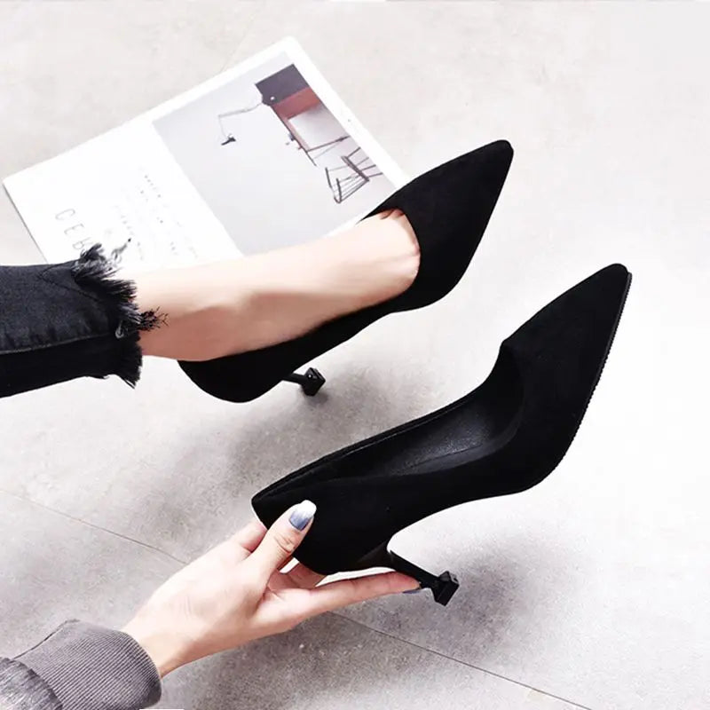 Women's Shoes: Black High Heels Women Summer Stiletto Suede Single Shoes Velvet Interview Formal Wear Professional Student Etiquette Shoes