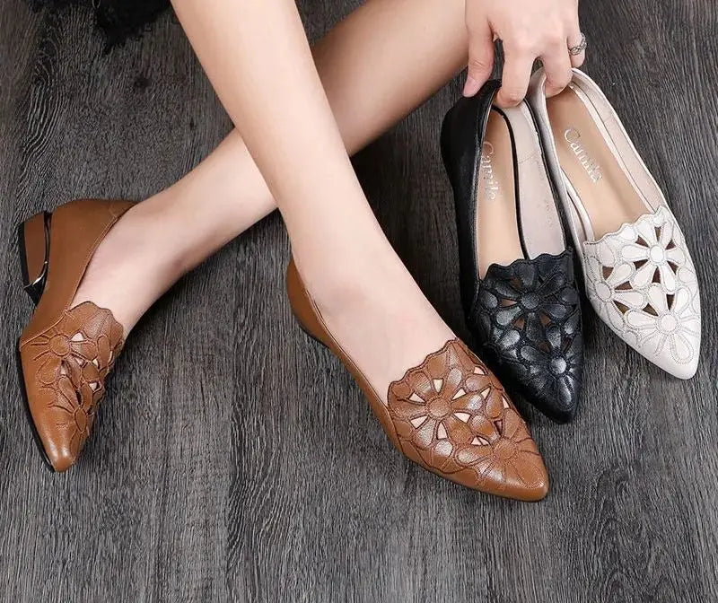Women Shoes: Flats Mid Heel Loafers Shoes Women Heels Wedding PU Leather Hollow Out brown Square Heel Formal Shoes chaussure femme