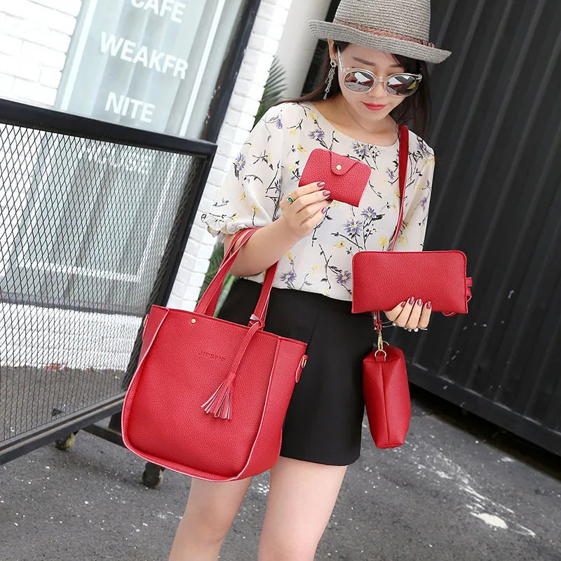 Handbag Set: 4Pcs/Set Women Top-Handle Bags Female Composite Bags Women Messenger Bags Handbag Set PU Leather Wallets Key Bag Set