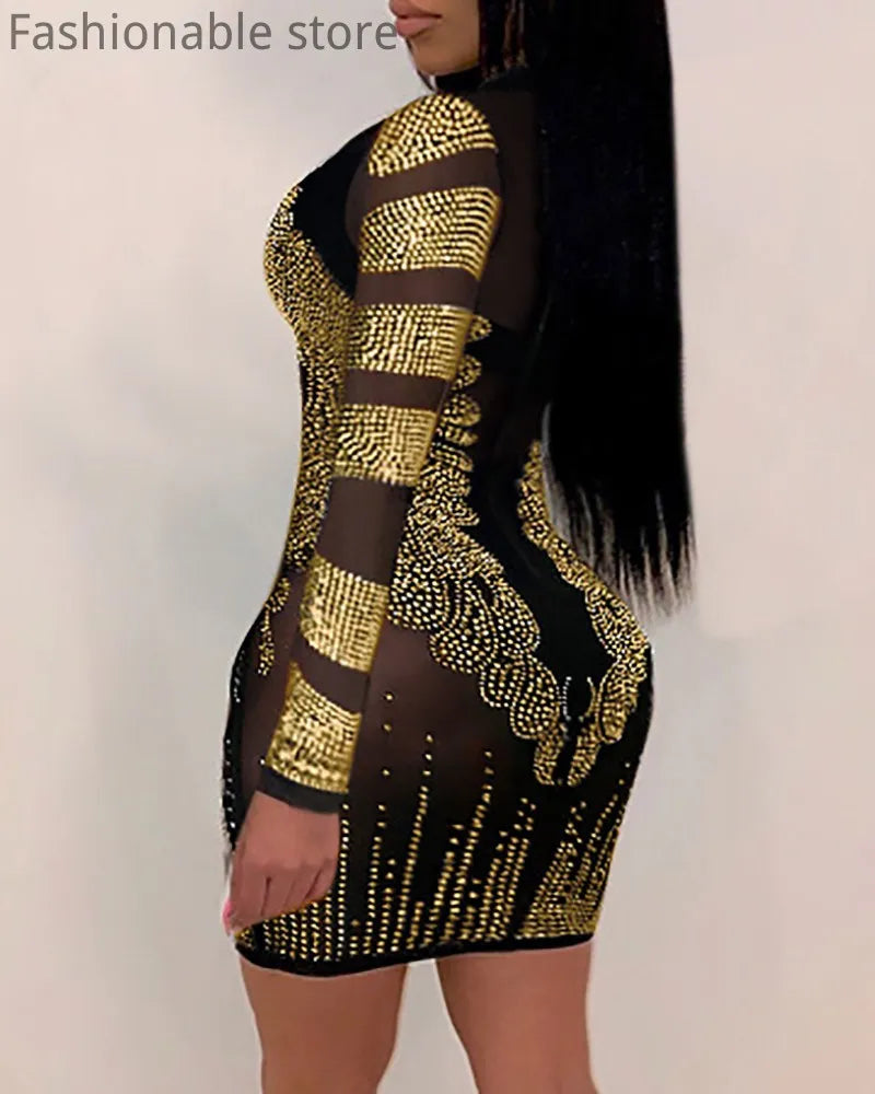 Sequin Goddess Dress (8): Women Sexy Solid Color Sheer Mesh Rhinestone Design Bodycon Nightclub Party Dress