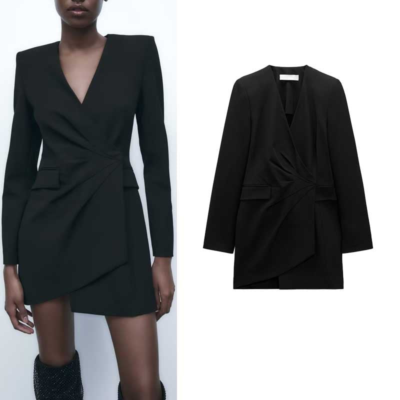 Long Sleeve V-neck Waist-controlled Slimming Pocket Black Color & Pleats Coat Dress - YB Gift Store