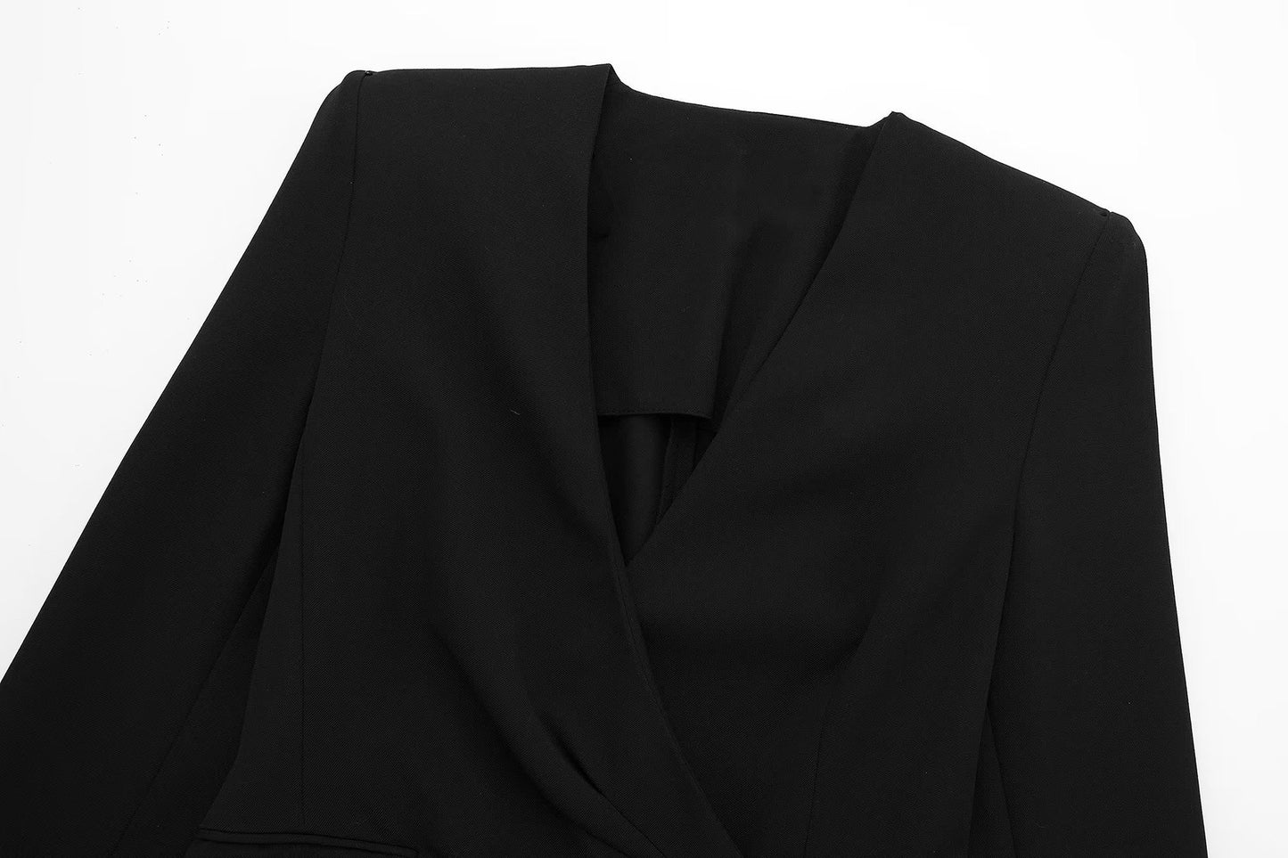 Long Sleeve V-neck Waist-controlled Slimming Pocket Black Color & Pleats Coat Dress - YB Gift Store