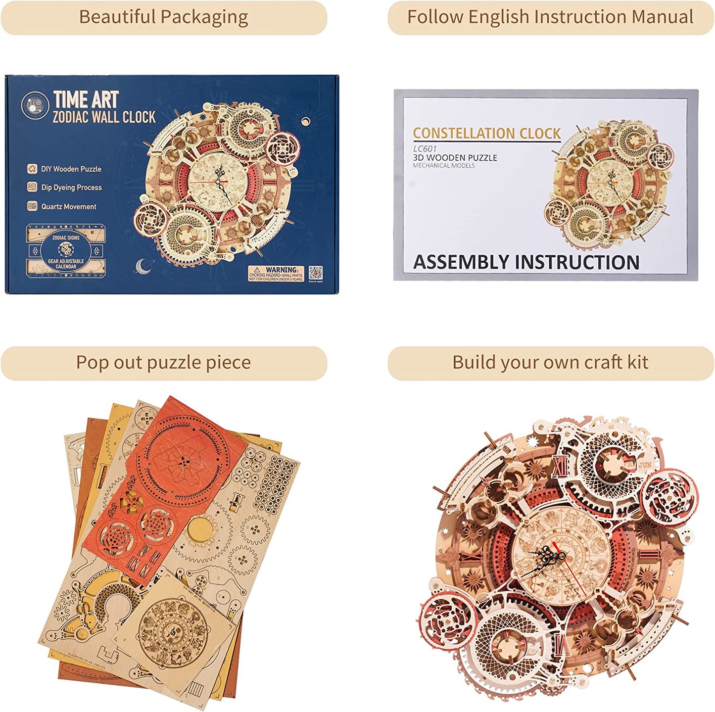 Robotime ROKR Time Art Zodiac Wall Clock 3D Wooden Puzzle Games