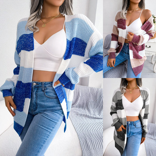 Plaid Sweater Women Casual Lantern Sleeves Cardigan Jacket Outerwear Clothes - YB Gift Store
