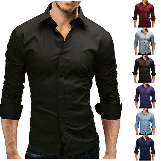 Men's Slim-fit Long-sleeved Solid Color Simple Formal Shirt - YB Gift Store