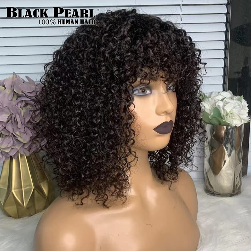 Black Pearl Jerry Curly Wig With Bangs Human Hair Glueless Wigs