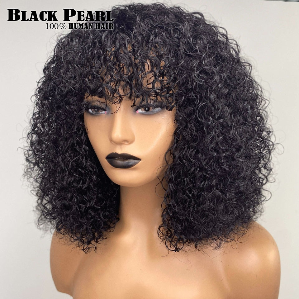 Black Pearl Jerry Curly Wig With Bangs Human Hair Glueless Wigs