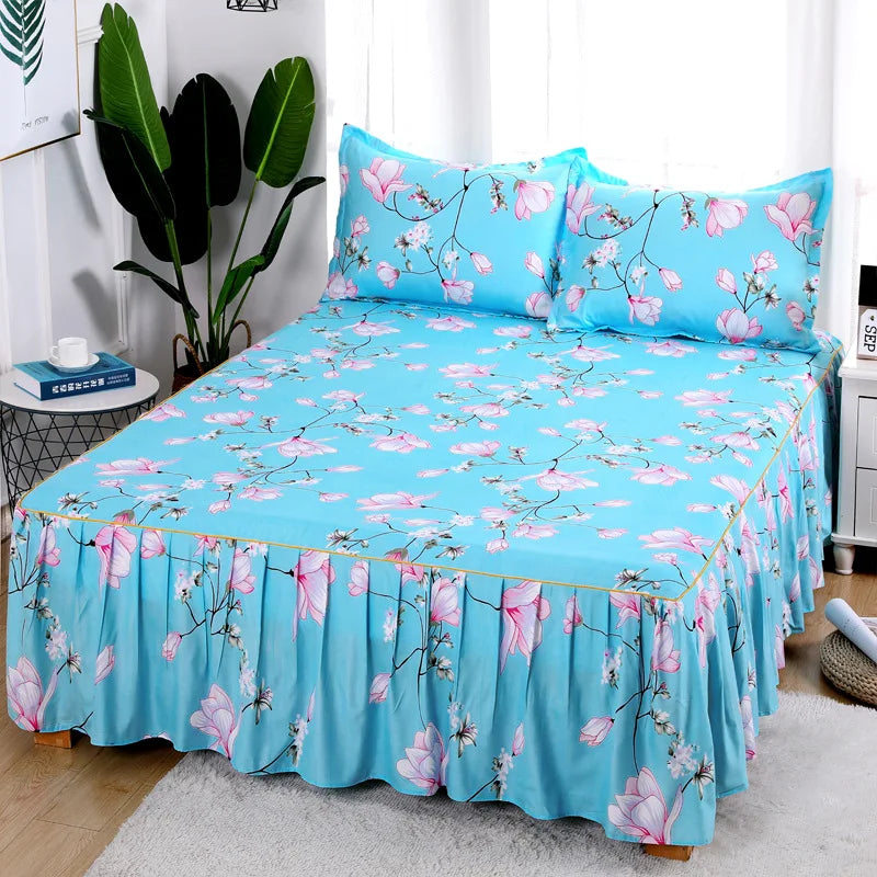 Bedding Set: 3Pcs/Set Korean Brushed Printed Bed Skirt Bed Cover Student Dormitory Non-Slip Sheet Cover Bedroom 3D Lace Bed Skirt Bedding