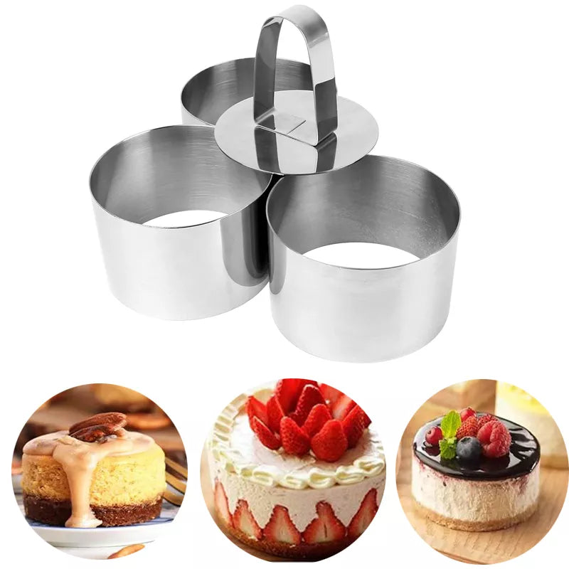 4 Piece Round Stainless Steel Mousse Cake Mold Baking Tools-Making Cake Decoration Tools,Includes 3 Rings And 1 Food Press