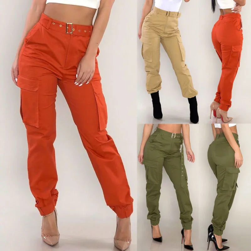 Winsome Cargo Pants: Women Military Army Green Long Cargo Pants Ladies Trousers Casual Combat Cool Pants Sheer Khaki Orange with Sashes Plus Size Up To 2XL