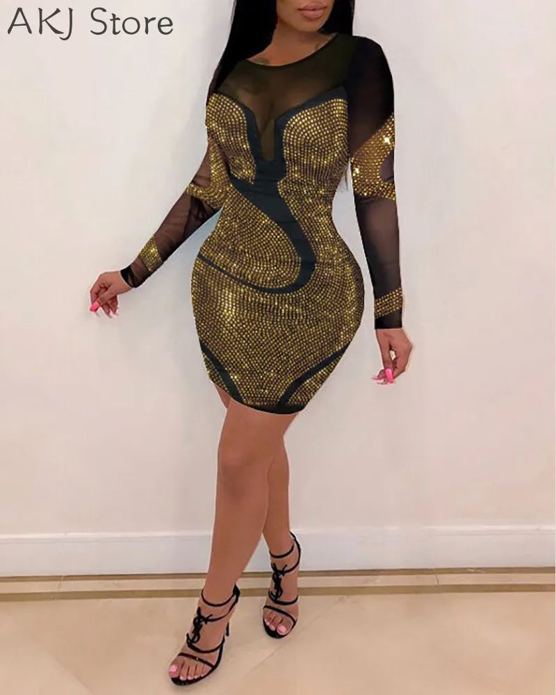 Sequin Goddess Dress (7): Women Solid Color Rhinestone Design Long Sleeve Sheer Mesh Bodycon Dress