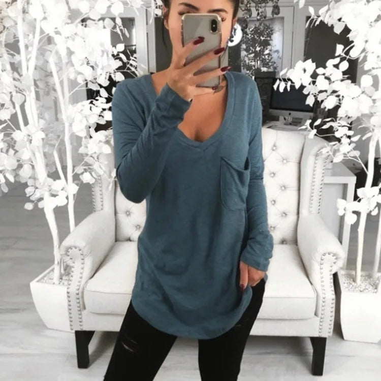 Casual Long Shirts Top 2020 Spring New Women's T-shirts With Pocket Female Solid Loose Tee Shirt Big Sizes 3XL Deep V-Neck Shirt