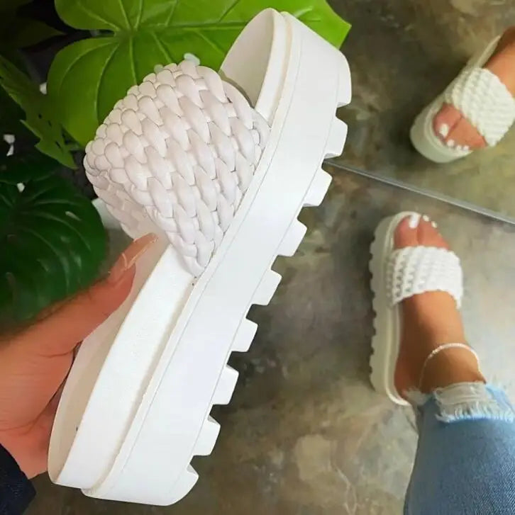 luxury new women flip flop high-heeled sponge cake sole rubber super thick-soled slippers woven pattern female sandals