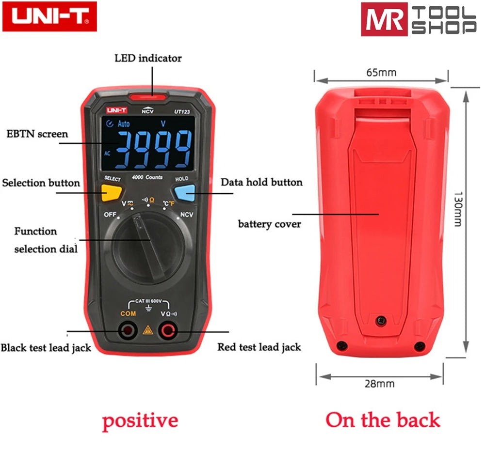 Uni-T UT123 Pocket Mini Residential Multimeter , AC DC Voltmeter Ohmmeter Temperature NCV Tester EBTN Display+Free soft Bag