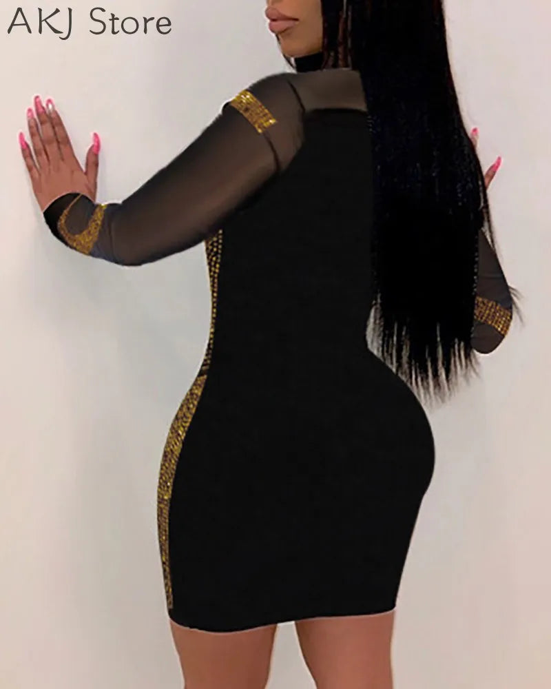 Sequin Goddess Dress (7): Women Solid Color Rhinestone Design Long Sleeve Sheer Mesh Bodycon Dress