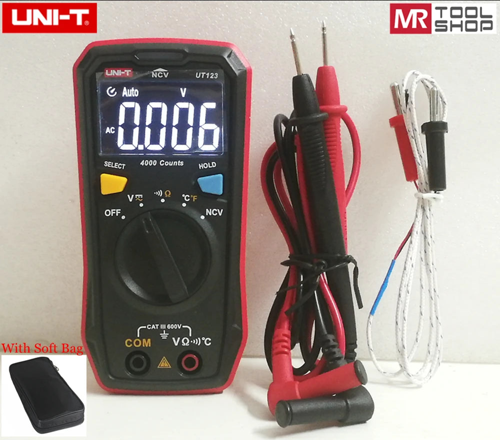 Uni-T UT123 Pocket Mini Residential Multimeter , AC DC Voltmeter Ohmmeter Temperature NCV Tester EBTN Display+Free soft Bag