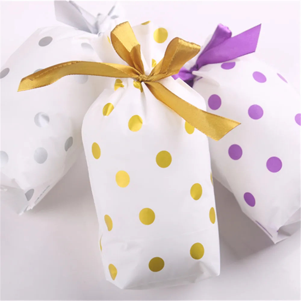 5pcs/lot 12x17cm Plastic Polka Dot Candy Cookie Gift Bag Drawstring Bow Pouch Wedding Birthday Party Christmas Cookies Packaging