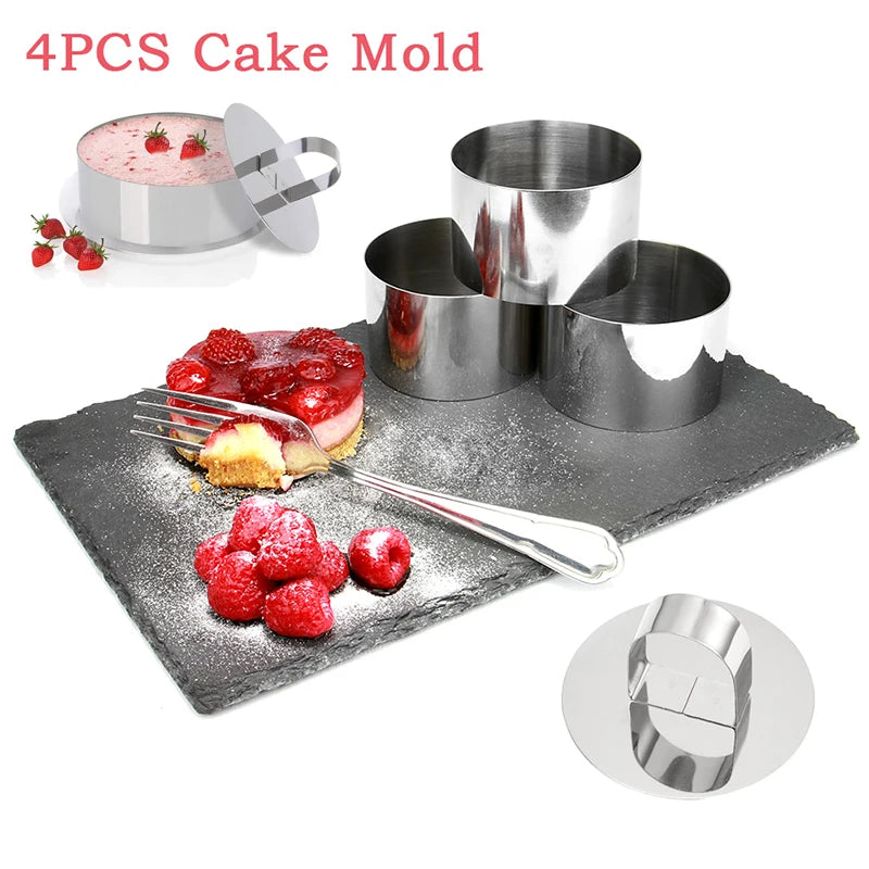 4 Piece Round Stainless Steel Mousse Cake Mold Baking Tools-Making Cake Decoration Tools,Includes 3 Rings And 1 Food Press