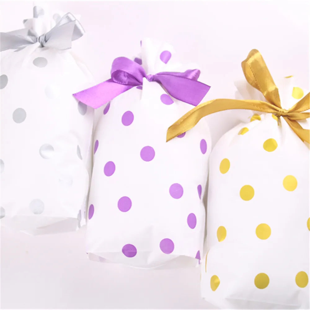 5pcs/lot 12x17cm Plastic Polka Dot Candy Cookie Gift Bag Drawstring Bow Pouch Wedding Birthday Party Christmas Cookies Packaging