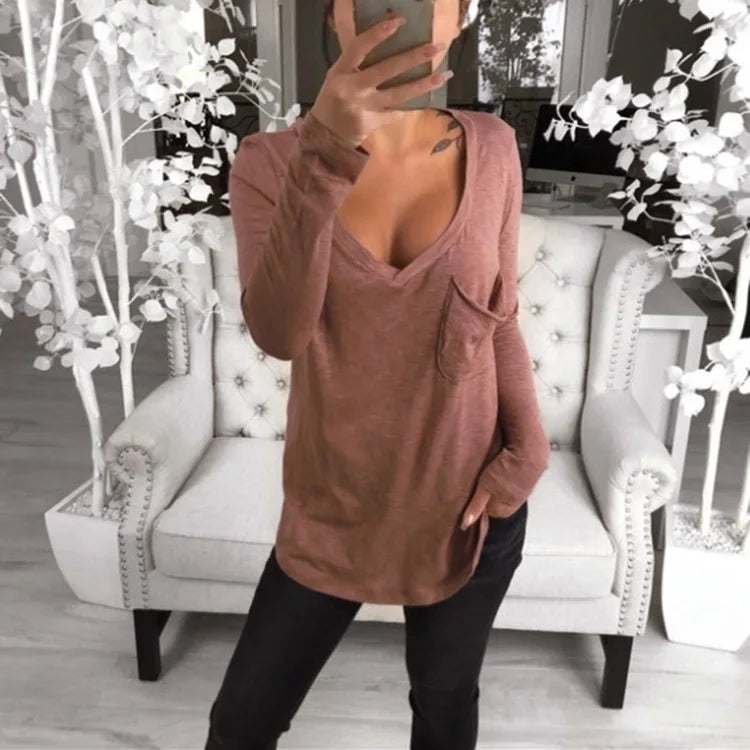 Casual Long Shirts Top 2020 Spring New Women's T-shirts With Pocket Female Solid Loose Tee Shirt Big Sizes 3XL Deep V-Neck Shirt