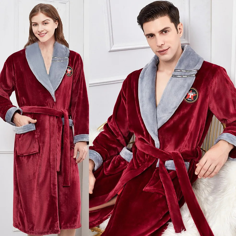 Kimono Couple Robe: Winter Warm Couple Flannel Robe Sleepwear Loose Casual Kimono Bathrobe Gown Thick Coral Fleece Women Nightwear Nightgown 3XL - Plus Size