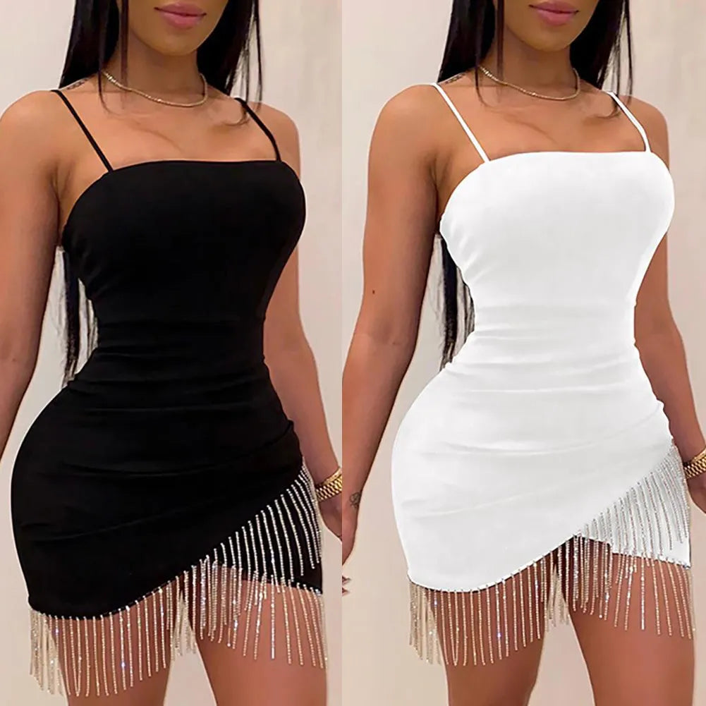 Sequin Goddess Dress (13): Tassel Split Women Sexy Dresses Party Night Birthday Sleeveless Bodycon Dress Summer Elegant Suspender Short Mini Pencil Dresses Sequin