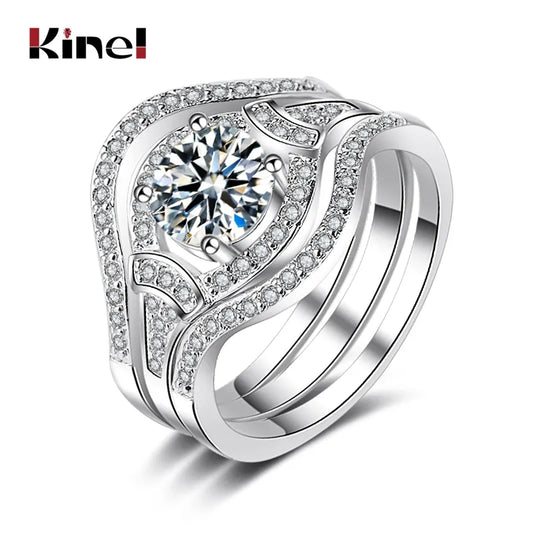 Kinel Luxury Female Zircon Stone Ring 3pcs/Sets Silver Color Crystal Flower Bridal Wedding Rings For Women Engagement Jewelry