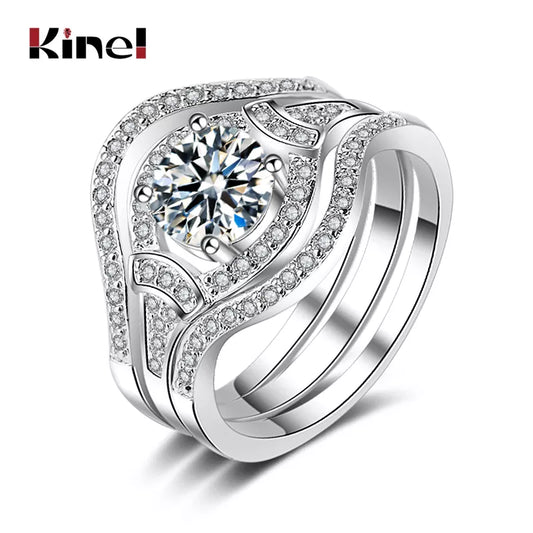 Kinel Luxury Female Zircon Stone Ring 3pcs/Sets Silver Color Crystal Flower Bridal Wedding Rings For Women Engagement Jewelry