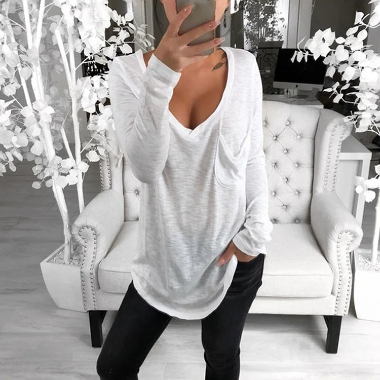 Casual Long Shirts Top 2020 Spring New Women's T-shirts With Pocket Female Solid Loose Tee Shirt Big Sizes 3XL Deep V-Neck Shirt