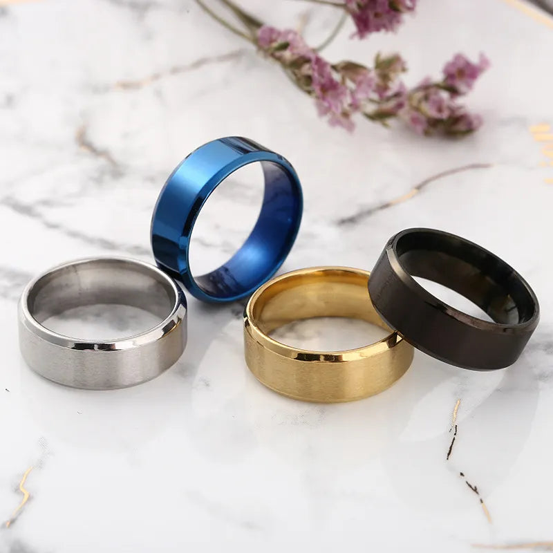 8mm Matt Stainless Steel Simple Design Plain Titanium Rings Gold Tone Silver Plated Black Blue Rings Men Woman Jewelry Gift