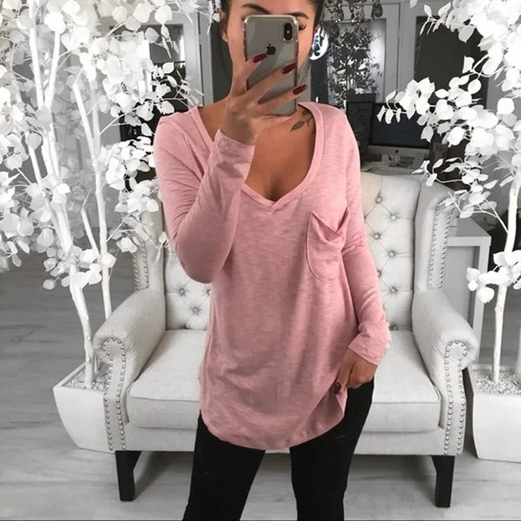 Casual Long Shirts Top 2020 Spring New Women's T-shirts With Pocket Female Solid Loose Tee Shirt Big Sizes 3XL Deep V-Neck Shirt