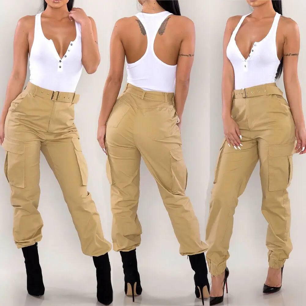 Winsome Cargo Pants: Women Military Army Green Long Cargo Pants Ladies Trousers Casual Combat Cool Pants Sheer Khaki Orange with Sashes Plus Size Up To 2XL