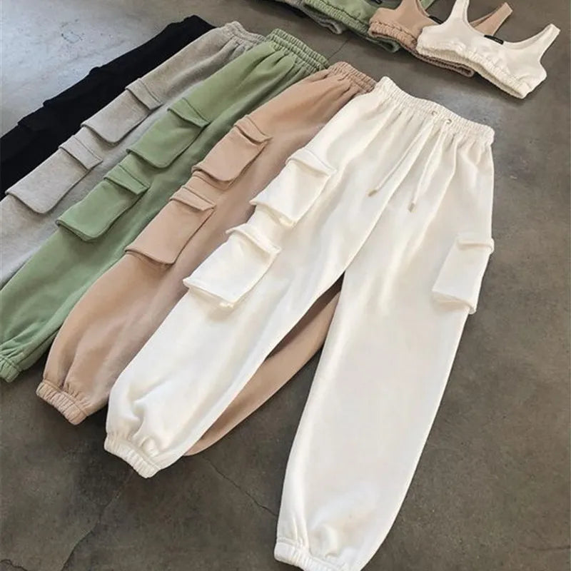 Spring Autumn Vintage Patchwork Joggers Sweatpants Harajuku Woman Trousers Elastics High Waist Pockets Drawstring  Solid Pants