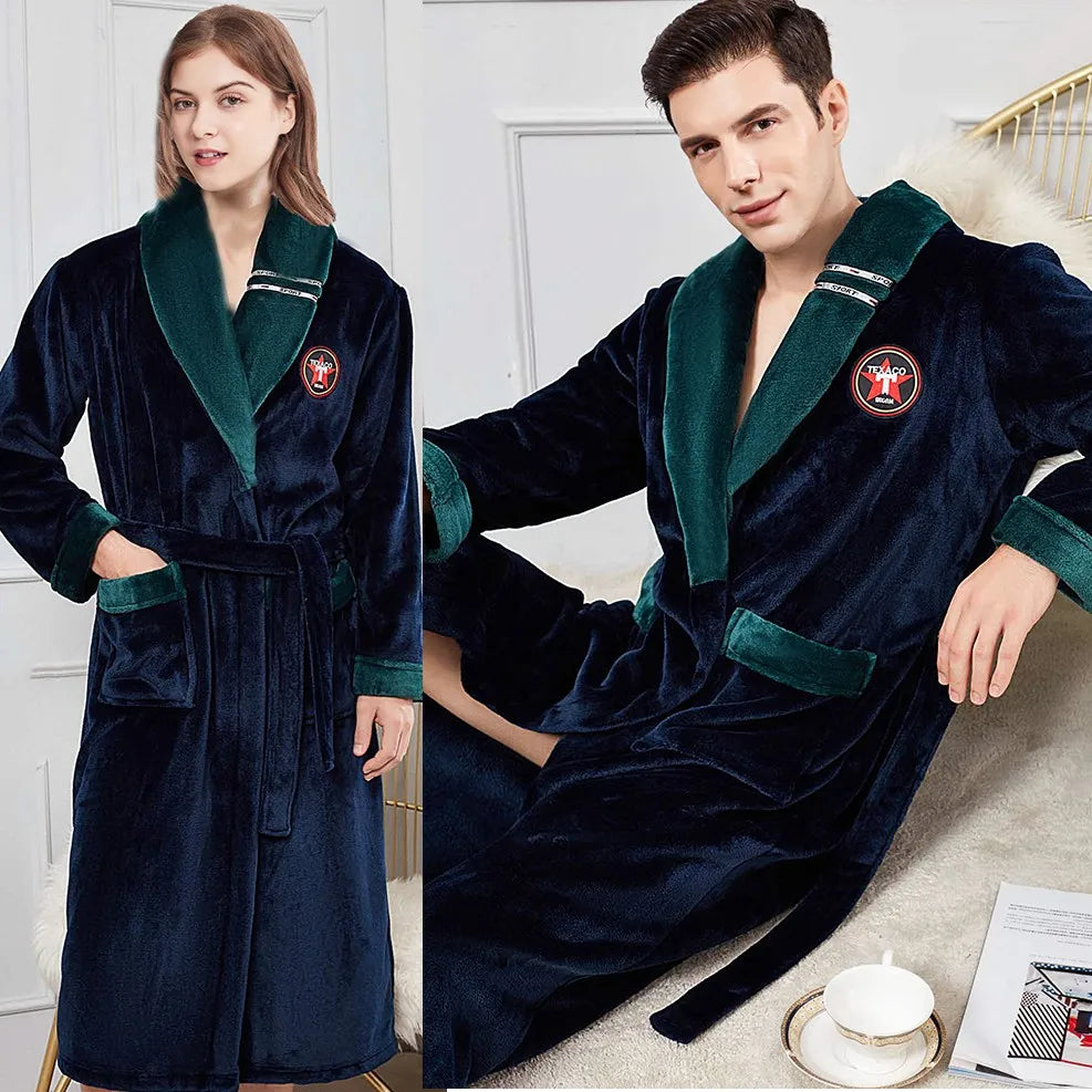 Kimono Couple Robe: Winter Warm Couple Flannel Robe Sleepwear Loose Casual Kimono Bathrobe Gown Thick Coral Fleece Women Nightwear Nightgown 3XL - Plus Size