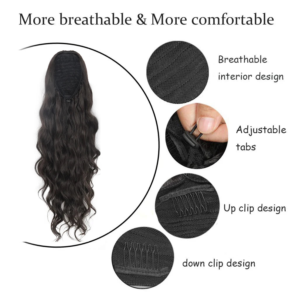 MerisiHair Synthetic Ponytail Extension Long Black Drawstring Wavy Ponytail Hair African American for Women Body Wavy Ponytail