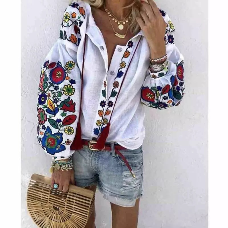 Petra Easy Breazy Blouse: Women Autumn Clothes Long Sleeve Shirt Flower V-Neck Casual Loose Top Ladies Blouse