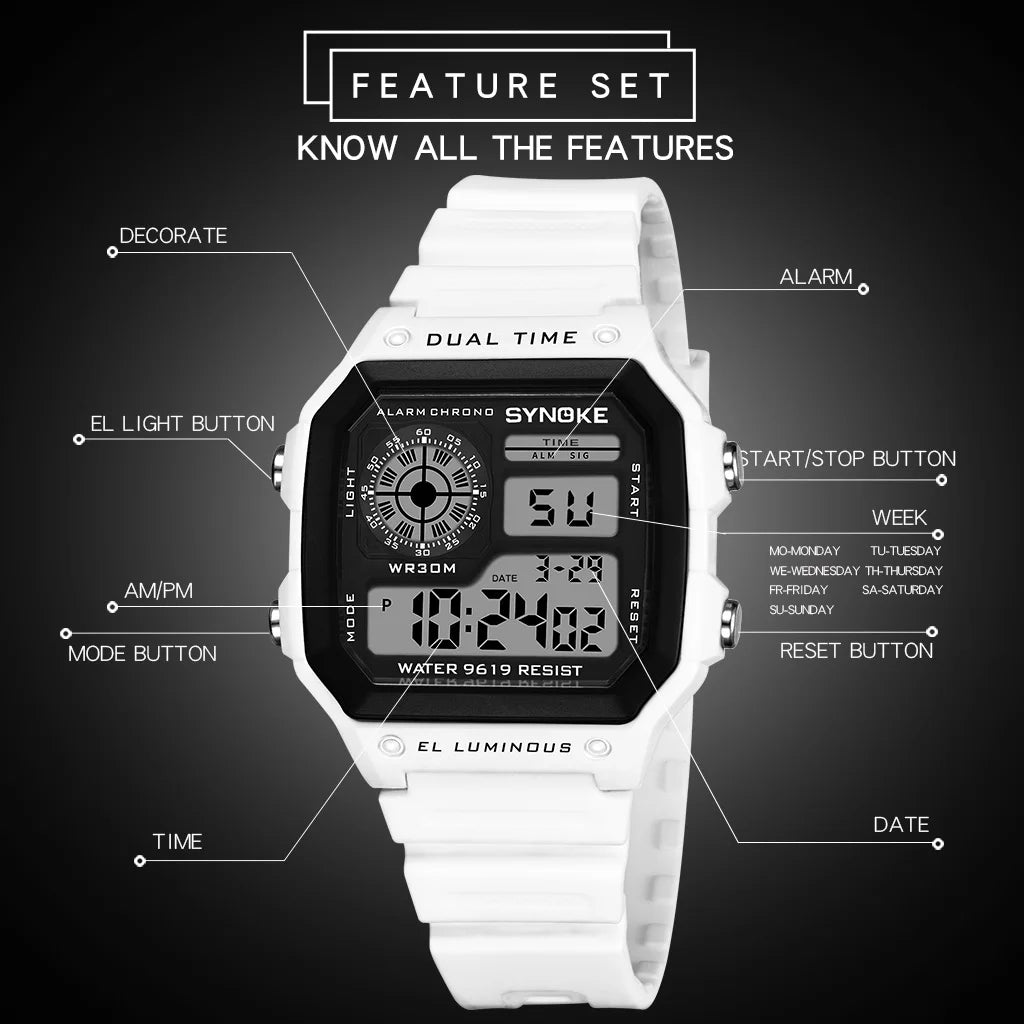 SYNOKE Digital Watches Men Sports Luminous Chronograph Waterproof Ultra-thin Male Electronic Wrist Watches Relogio Masculino