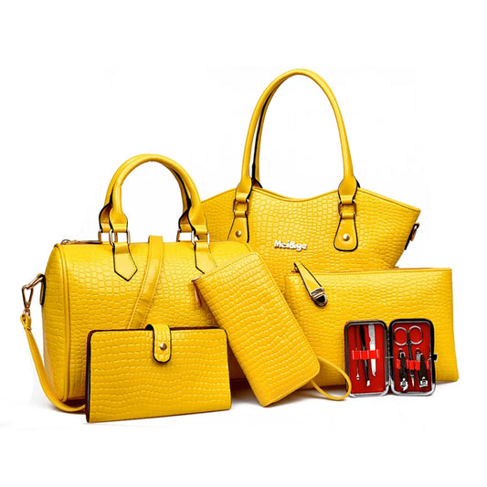 Handbag Set: 6pcs Women Handbag Set Patent Leather Fashion Crossbody Shoulder Bag Crocodile Large Tote Bag Purse Clutch Yellow Composite Bag