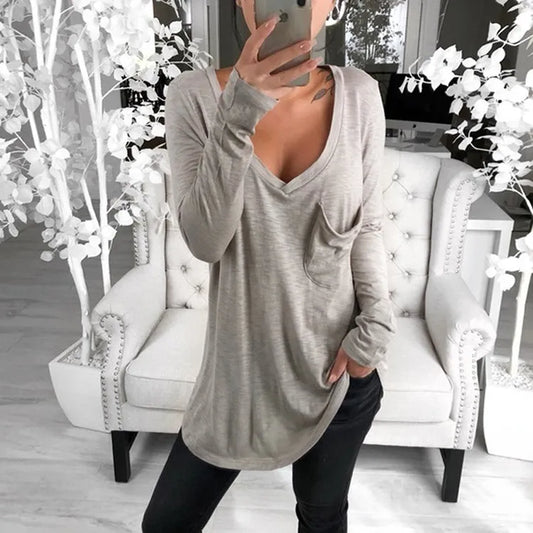 Casual Long Shirts Top 2020 Spring New Women's T-shirts With Pocket Female Solid Loose Tee Shirt Big Sizes 3XL Deep V-Neck Shirt