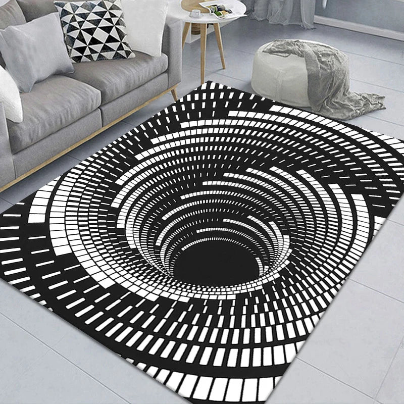 Vortex Illusion Rug 3D Trap Effect Bottomless Hole Carpet Geometric Black White Grid Bedroom Living Room Anti Slip Floor Mats