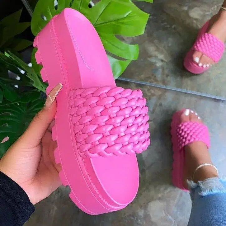 luxury new women flip flop high-heeled sponge cake sole rubber super thick-soled slippers woven pattern female sandals