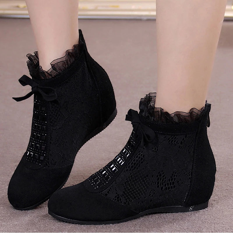 GKTINOO 2023 Fashion Summer Ankle Boots for Women Flat Heel Boots Mesh Height Increasing Casual Shoes Genuine Leather Big Size